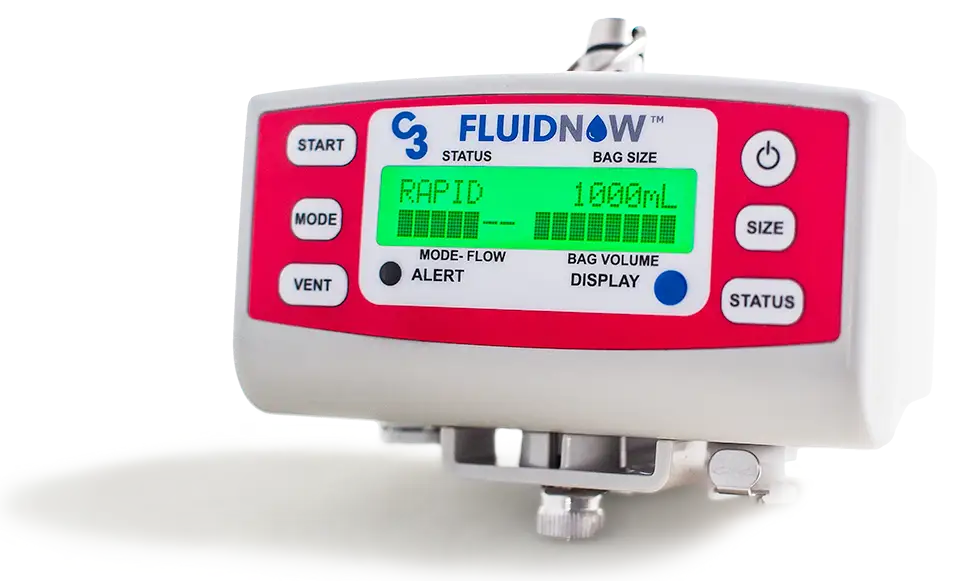 FluidNow automated rapid volume infuser on a white background, showing the red control panel with START, MODE, VENT, SIZE, and STATUS buttons and a green RAPID volume display.