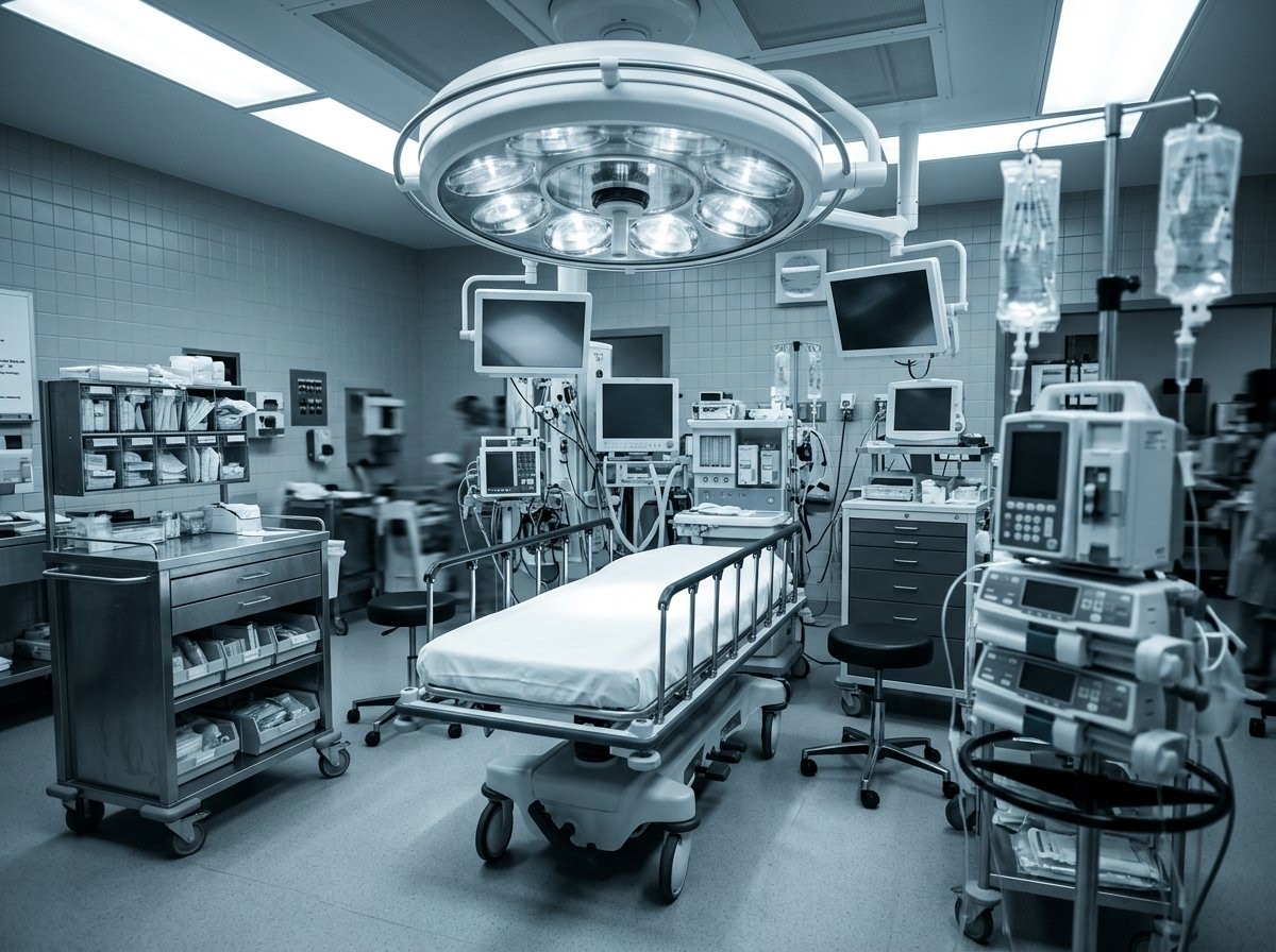 Empty hospital trauma bay gurney under surgical lighting, ready for an incoming patient